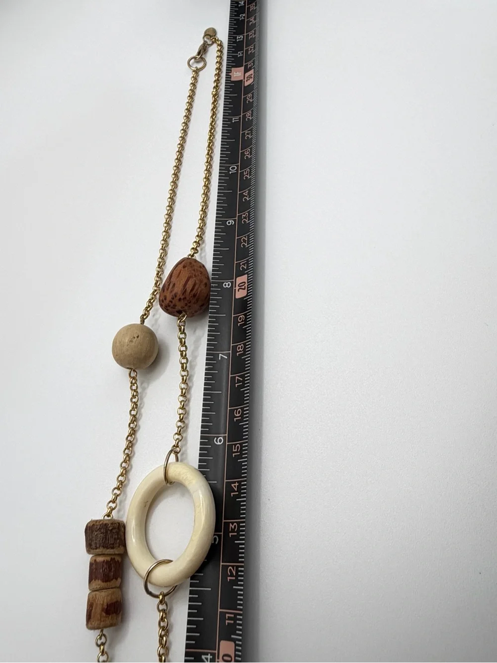 Gold-Tone Chain Necklace with Natural Brown & Cream Wood Accents